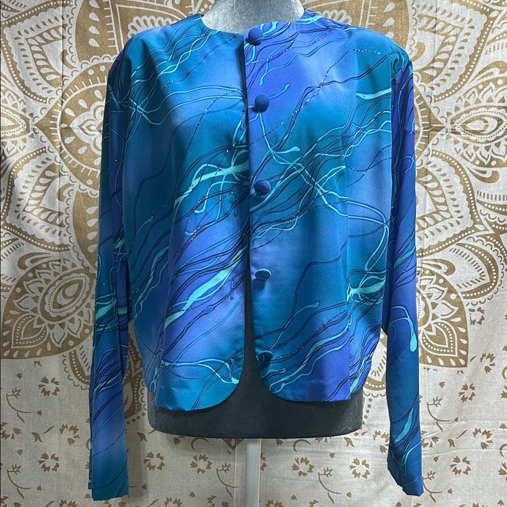 Vintage Vibrant Blue Abstract Button-Up Blouse or lightweight jacket